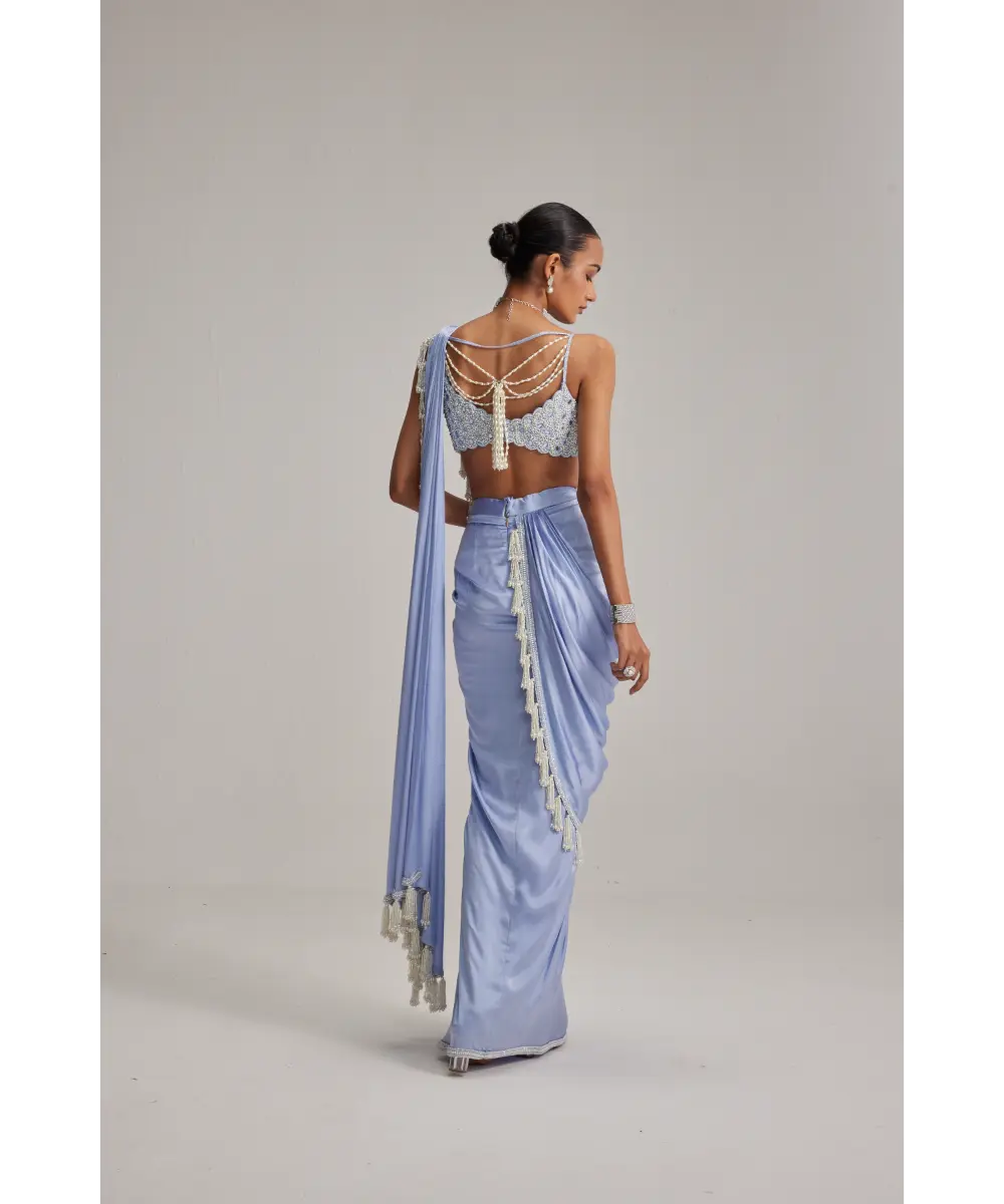 VVANI VATS- Dew Blue Satin Draped Saree Set